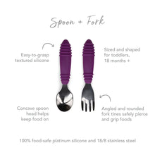 Load image into Gallery viewer, Infographic of Bumkins Spoon + Fork: 100% food-safe platinum silicone and 18/8 stainless steel, easy-to-grasp textured silicone, 18 months+.
