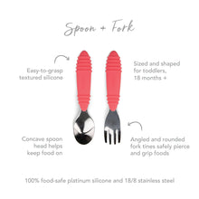 Load image into Gallery viewer, Infographic of Bumkins Spoon + Fork: 100% food-safe platinum silicone and 18/8 stainless steel, easy-to-grasp textured silicone, 18 months+.
