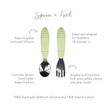 Load image into Gallery viewer, Infographic of Bumkins Spoon + Fork: 100% food-safe platinum silicone and 18/8 stainless steel, easy-to-grasp textured silicone, 18 months+.
