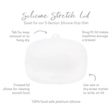 Infographic of Bumkins Silicone Stretch Lid: 100% food-safe platinum silicone, tab for easy removal, snug fit, allows for viewing stored food.