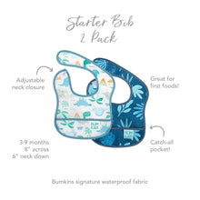 Load image into Gallery viewer, Infographic of Bumkins Starter Bib 2 Pack: Bumkins signature waterproof fabric, adjustable neck closure, catch-all pocket, 3-9 months.
