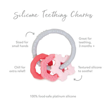 Infographic of Bumkins Silicone Teething Charms: 100% food-safe platinum silicone, sized for small hands, great for teething, 3 months+. 
