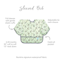 Load image into Gallery viewer, Infographic of Bumkins Sleeved Bib: Bumkins signature waterproof fabric, catch-all pocket, adjustable tie neck closure, 6-24 months.
