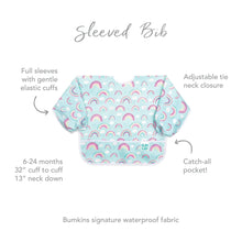Load image into Gallery viewer, Infographic of Bumkins Sleeved Bib: Bumkins signature waterproof fabric, catch-all pocket, adjustable tie neck closure, 6-24 months.
