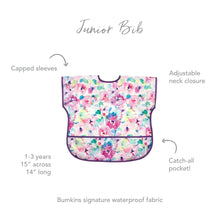 Load image into Gallery viewer, Infographic of Bumkins Junior Bib: Bumkins signature waterproof fabric, capped sleeves, adjustable neck closure, catch-all pocket, 1-3 years.
