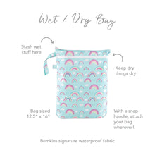 Load image into Gallery viewer, Infographic of Bumkins Wet/Dry Bag: Bumkins signature waterproof fabric, stash wet stuff, keep dry things dry, snap handle.
