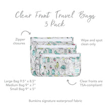 Load image into Gallery viewer, Infographic of Bumkins Clear Travel Bag 3-Pack: Bumkins signature waterproof fabric, clear fronts are TSA-compliant, zipper closures.
