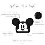 Infographic of Bumkins Silicone Grip Dish: 100% food-safe platinum silicone, strong suction base, deep-walled food sections, easy to clean.