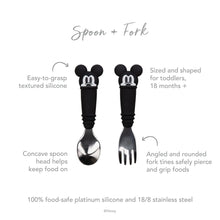 Load image into Gallery viewer, Infographic of Bumkins Spoon + Fork: 100% food-safe platinum silicone and 18/8 stainless steel, easy-to-grasp textured silicone, 18 months+.
