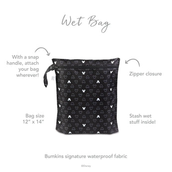 Infographic of Bumkins Wet Bag: Bumkins signature waterproof fabric, zipper closure, snap handle, stash wet stuff inside.