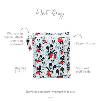 Infographic of Bumkins Wet Bag: Bumkins signature waterproof fabric, zipper closure, snap handle, stash wet stuff inside.