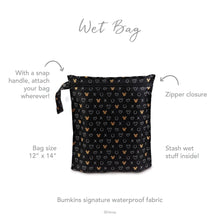 Load image into Gallery viewer, Infographic of Bumkins Wet Bag: Bumkins signature waterproof fabric, zipper closure, snap handle, stash wet stuff inside.
