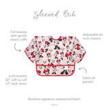 Infographic of Bumkins Sleeved Bib: Bumkins signature waterproof fabric, catch-all pocket, adjustable tie neck closure, 6-24 months.