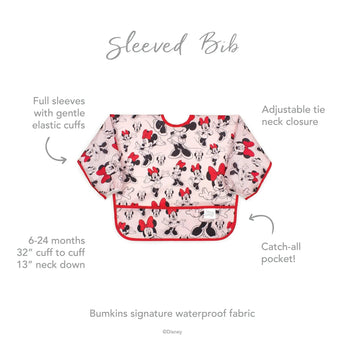 Infographic of Bumkins Sleeved Bib: Bumkins signature waterproof fabric, catch-all pocket, adjustable tie neck closure, 6-24 months.