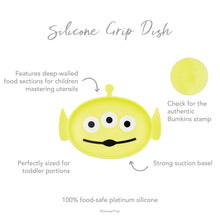 Load image into Gallery viewer, Infographic of Bumkins Silicone Grip Dish: 100% food-safe platinum silicone, strong suction base, deep-walled food sections.
