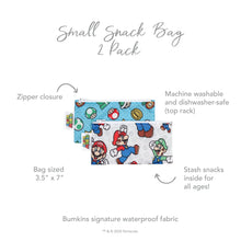 Load image into Gallery viewer, Infographic of Bumkins Small Snack Bag 2 Pack: Bumkins signature waterproof fabric, zipper closure, machine washable and dishwasher-safe.
