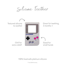 Load image into Gallery viewer, Infographic of Bumkins Silicone Teether: 100% food-safe platinum silicone, textured silicone to soothe, sized for small hands, 3 months+.
