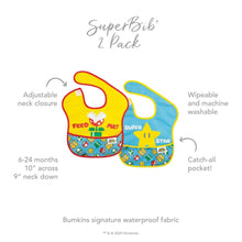 Load image into Gallery viewer, Infographic of Bumkins SuperBib® 2 Pack: Bumkins signature waterproof fabric, adjustable neck closure, catch-all pocket, 6-24 months.
