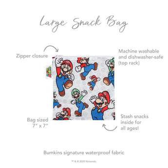 Infographic of Bumkins Large Snack Bag: Bumkins signature waterproof fabric, zipper closure, machine washable and dishwasher-safe.