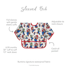 Load image into Gallery viewer, Infographic of Bumkins Sleeved Bib: Bumkins signature waterproof fabric, catch-all pocket, adjustable tie neck closure, 6-24 months.
