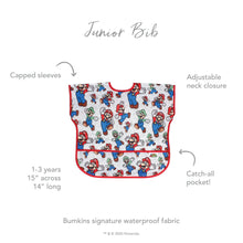 Load image into Gallery viewer, Infographic of Bumkins Junior Bib: Bumkins signature waterproof fabric, capped sleeves, adjustable neck closure, catch-all pocket, 1-3 years.
