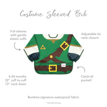 Infographic of Bumkins Sleeved Bib: Bumkins signature waterproof fabric, catch-all pocket, adjustable tie neck closure, 6-24 months.