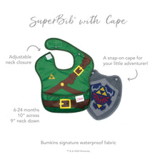 Load image into Gallery viewer, Infographic of Bumkins SuperBib® with Cape: Bumkins signature waterproof fabric, adjustable neck closure, snap-on cape.
