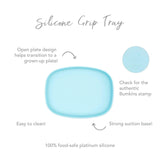 Infographic of Bumkins Silicone Grip Tray: 100% food-safe platinum silicone, strong suction base, open plate design, easy to clean.