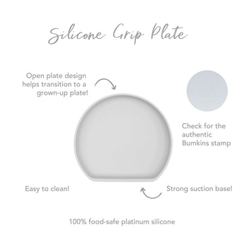 Infographic of Bumkins Silicone Grip Plate: 100% food-safe platinum silicone, strong suction base, open plate design, easy to clean.