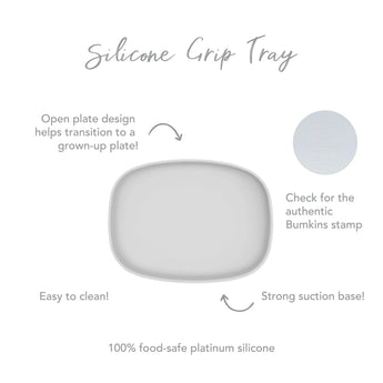 Infographic of Bumkins Silicone Grip Tray: 100% food-safe platinum silicone, strong suction base, open plate design, easy to clean.