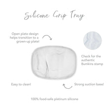 Load image into Gallery viewer, Infographic of Bumkins Silicone Grip Tray: 100% food-safe platinum silicone, strong suction base, open plate design, easy to clean.
