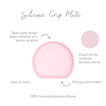 Load image into Gallery viewer, Infographic of Bumkins Silicone Grip Plate: 100% food-safe platinum silicone, strong suction base, open plate design, easy to clean.
