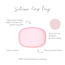 Load image into Gallery viewer, Infographic of Bumkins Silicone Grip Tray: 100% food-safe platinum silicone, strong suction base, open plate design, easy to clean.
