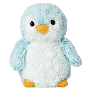 Aurora’s PomPom Mini Penguin-Blue is a plush penguin toy with blue and white fur, black eyes, and an orange beak.