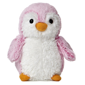 Aurora’s PomPom Mini Penguin - Pink: a cute plush penguin with pink and white fur, orange beak, and feet sits facing forward.