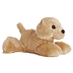 Aurora Mini Flopsie Golden puppy plush, light brown and floppy-eared, lies down adorably facing right on a white background.