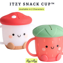 Load image into Gallery viewer, Two Itzy Ritzy snack cups: one with a red mushroom lid, the other green strawberry, both dishwasher-safe and smiling.
