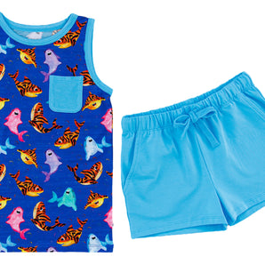 Birdie Bean Bruce Tank Set: blue tank with fish & shark print, light blue shorts—soft & perfect summer outfit for baby.