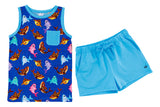 Birdie Bean Bruce Tank Set: blue tank with fish & shark print, light blue shorts—soft & perfect summer outfit for baby.