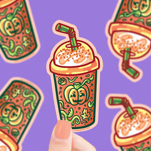 Turtle Soups Pumpkin Spice Latte vinyl stickers showcase latte art with green straws and pumpkins on a vibrant purple backdrop.