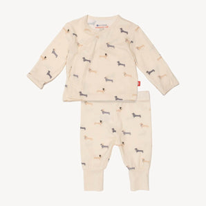 Magnetic Me Kimono Beenie Von Weinie pajama set in cream with dachshund print and wrap-style top.