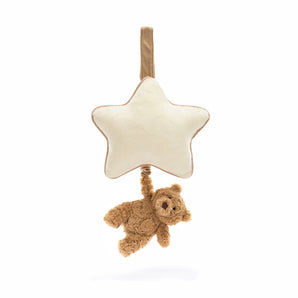 Jellycat Musical Pull Bartholomew Bear: a star-shaped plush pillow with music pull and bear, featuring a hanging loop.