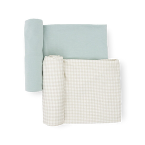 Little Unicorn's Stretch Knit Swaddle Blanket 2 Pack in Frost Green is perfect for softly wrapping your infant.