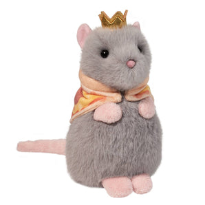 Rat Pizza Macaroon: fluffy gray rat stuffed animal with pink hands, feet, tail, ears, & nose, gold crown, and pizza patterned bandana.