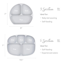 Load image into Gallery viewer, Size chart comparing Bumkins Silicone Grip Dish 3 Section versus 5 Section with dimensions and compartment sizes.
