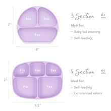 Load image into Gallery viewer, Size chart comparing Bumkins Silicone Grip Dish 3 Section versus 5 Section with dimensions and compartment sizes.
