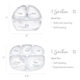 Size chart comparing Bumkins Silicone Grip Dish 3 Section versus 5 Section with dimensions and compartment sizes.
