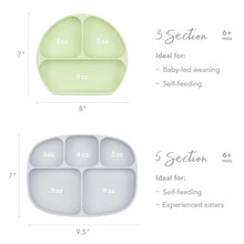 Load image into Gallery viewer, Size chart comparing Bumkins Silicone Grip Dish 3 Section versus 5 Section with dimensions and compartment sizes.
