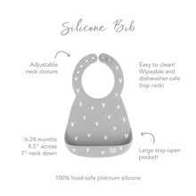 Load image into Gallery viewer, Infographic of Bumkins Silicone Bib: 100% food-safe platinum silicone, adjustable neck closure, easy to clean, large stay-open pocket.
