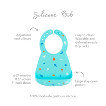 Load image into Gallery viewer, Infographic of Bumkins Silicone Bib: 100% food-safe platinum silicone, adjustable neck closure, easy to clean, large stay-open pocket.
